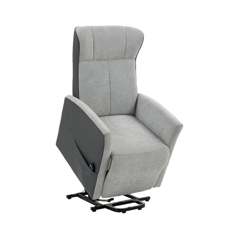 Silla reclinable de cuero con elevación eléctrica moderna de un asiento con respaldo acolchado y estructura de metal con brazos acolchados